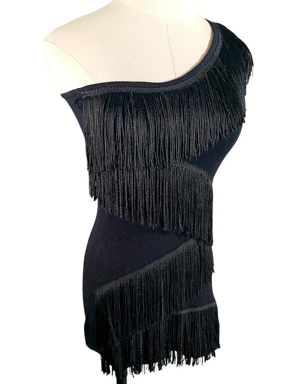 Vintage Cache Rocker Girl Tiered Fringe Chain One Shoulder Top Dress M COS Artsy